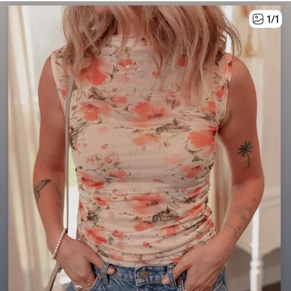 Floral Sleeveless Top - Peach and Green